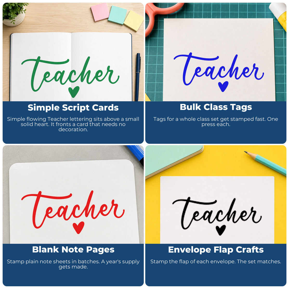 Four ways to use the Teacher Script Heart Lettering Rubber Stamp – Wood Handle: simple script cards, bulk class tags, blank note pages and envelope flap crafts.