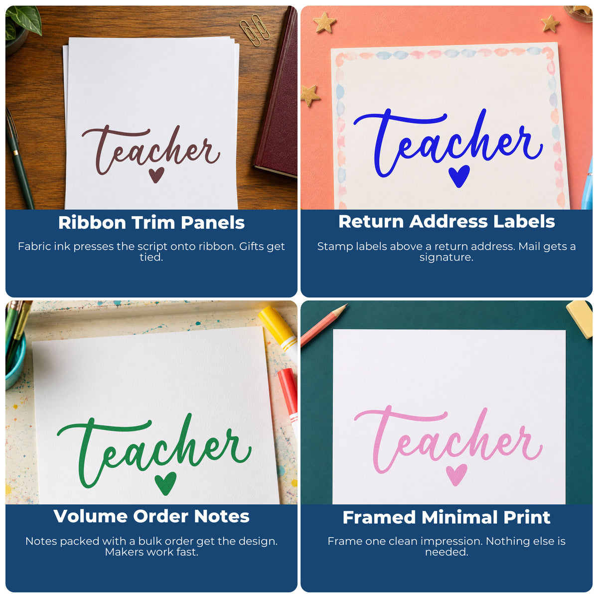 Four ways to use the Teacher Script Heart Lettering Rubber Stamp – Wood Handle: ribbon trim panels, return address labels, volume order notes and framed minimal print.