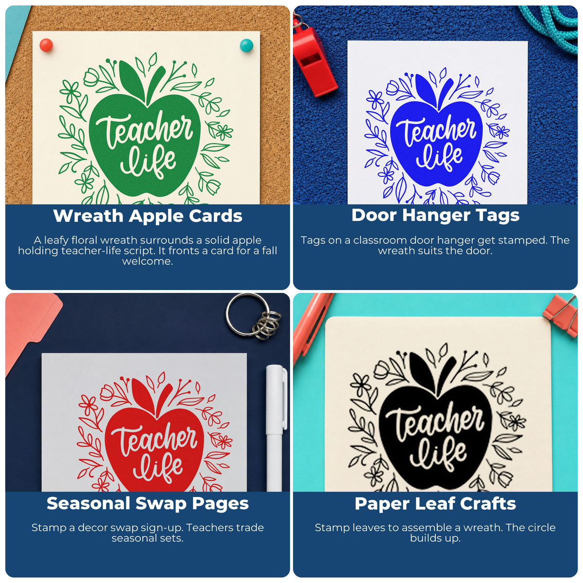 Four ways to use the Teacher Life Floral Apple Rubber Stamp – Duo Hand: wreath apple cards, door hanger tags, seasonal swap pages and paper leaf crafts.