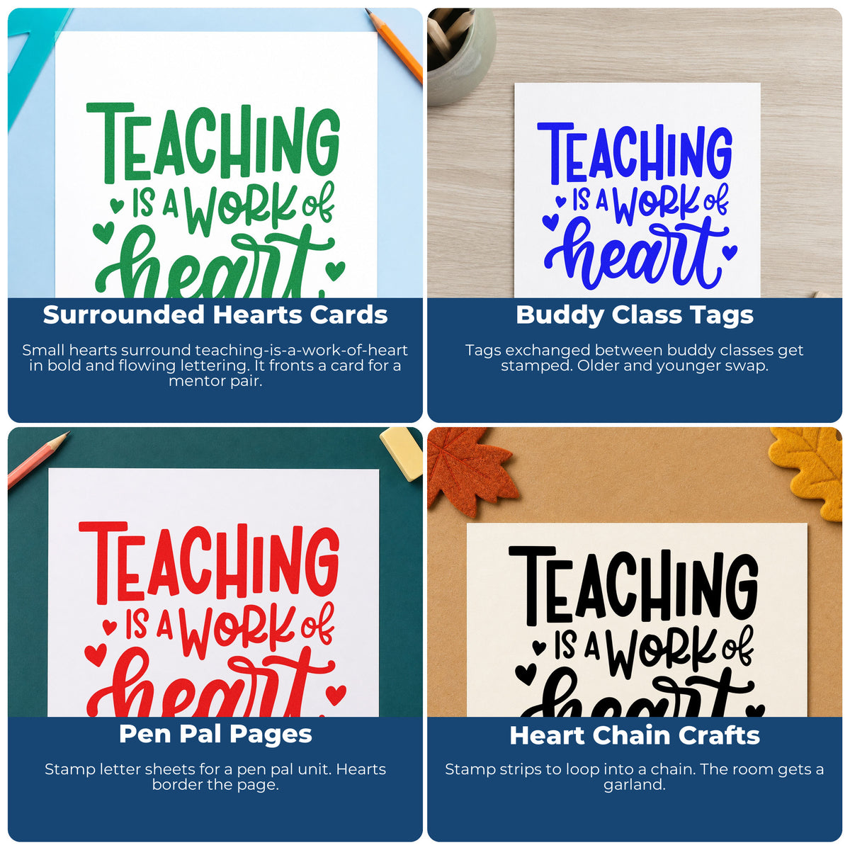 Four ways to use the Teaching Work Of Heart Stamp - Premium Vintage Pro Wooden: surrounded hearts cards, buddy class tags, pen pal pages and heart chain crafts.
