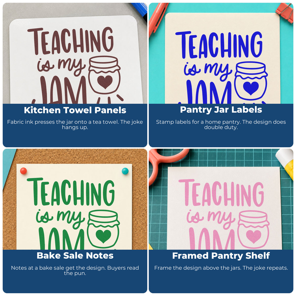 Four ways to use the Teaching Is My Jam Hand Stamp – Duo: kitchen towel panels, pantry jar labels, bake sale notes and framed pantry shelf.