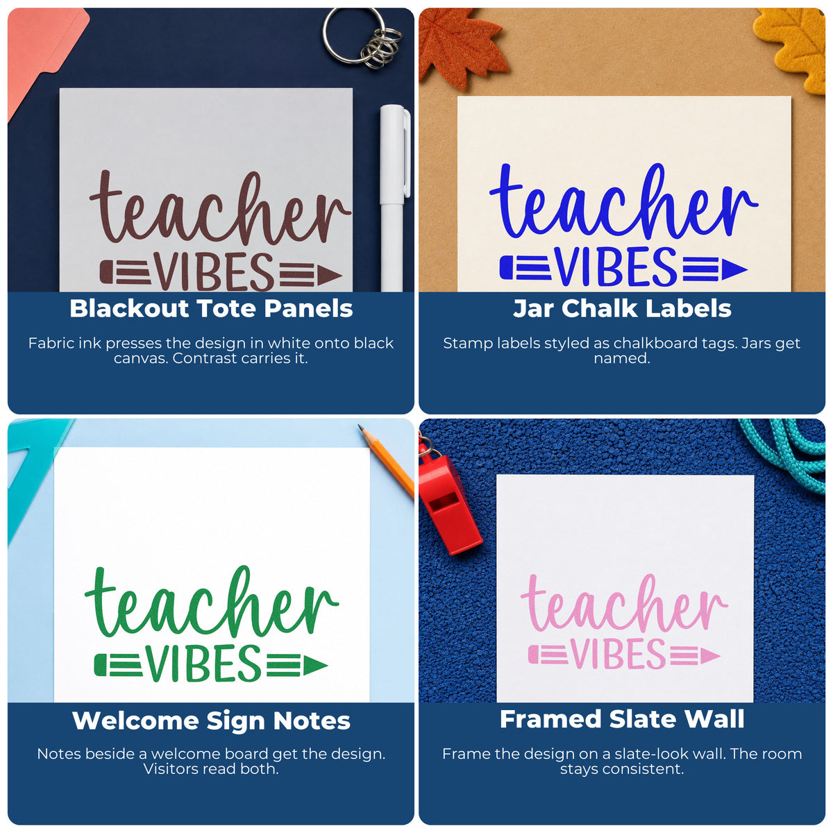 Four ways to use the Teacher Vibes Pencil Script Lettering Rubber Stamp – Duo Hand: blackout tote panels, jar chalk labels, welcome sign notes and framed slate wall.