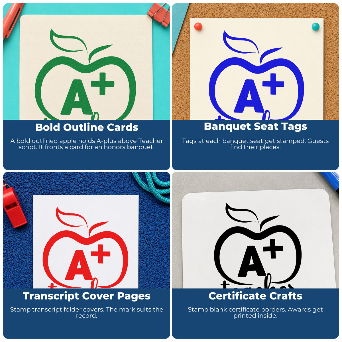 Four ways to use the A Plus Teacher Outline Apple Script Lettering Stamp – Wood Handle: bold outline cards, banquet seat tags, transcript cover pages and certificate crafts.