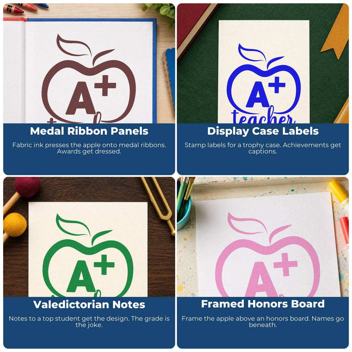 Four ways to use the A Plus Teacher Outline Apple Script Lettering Self-Inking Stamp: medal ribbon panels, display case labels, valedictorian notes and framed honors board.