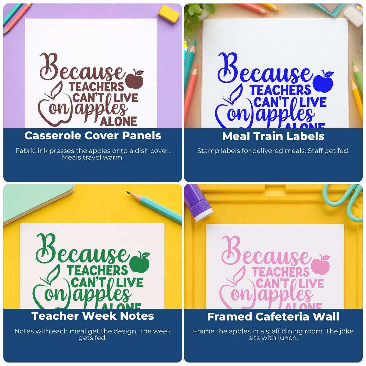 Four ways to use the Because Teachers Can't Live On Apples Alone Stamp – Self-Inking: casserole cover panels, meal train labels, teacher week notes and framed cafeteria wall.