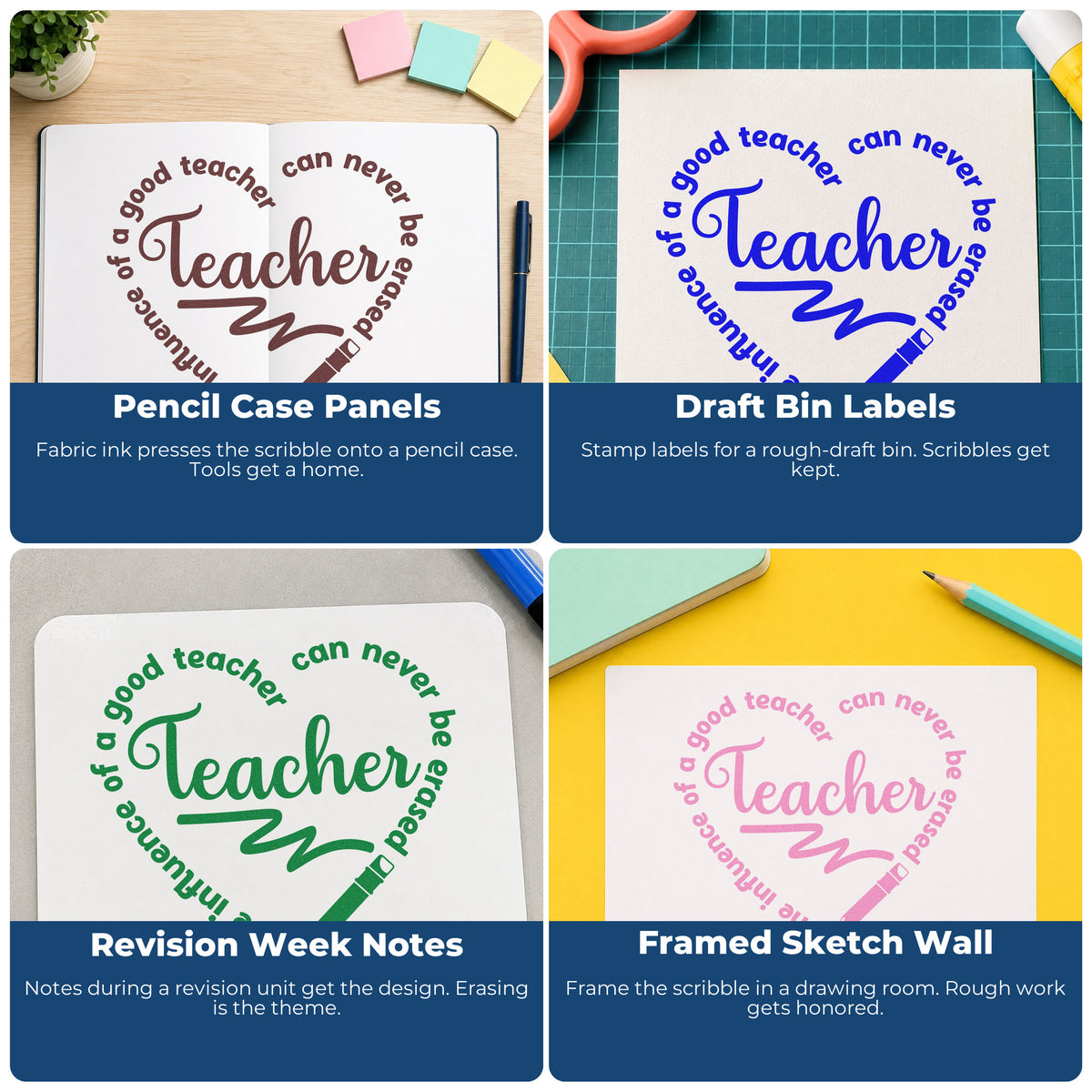 Four ways to use the Teacher Influence Pencil Circle Stamp – Self-Inking: pencil case panels, draft bin labels, revision week notes and framed sketch wall.