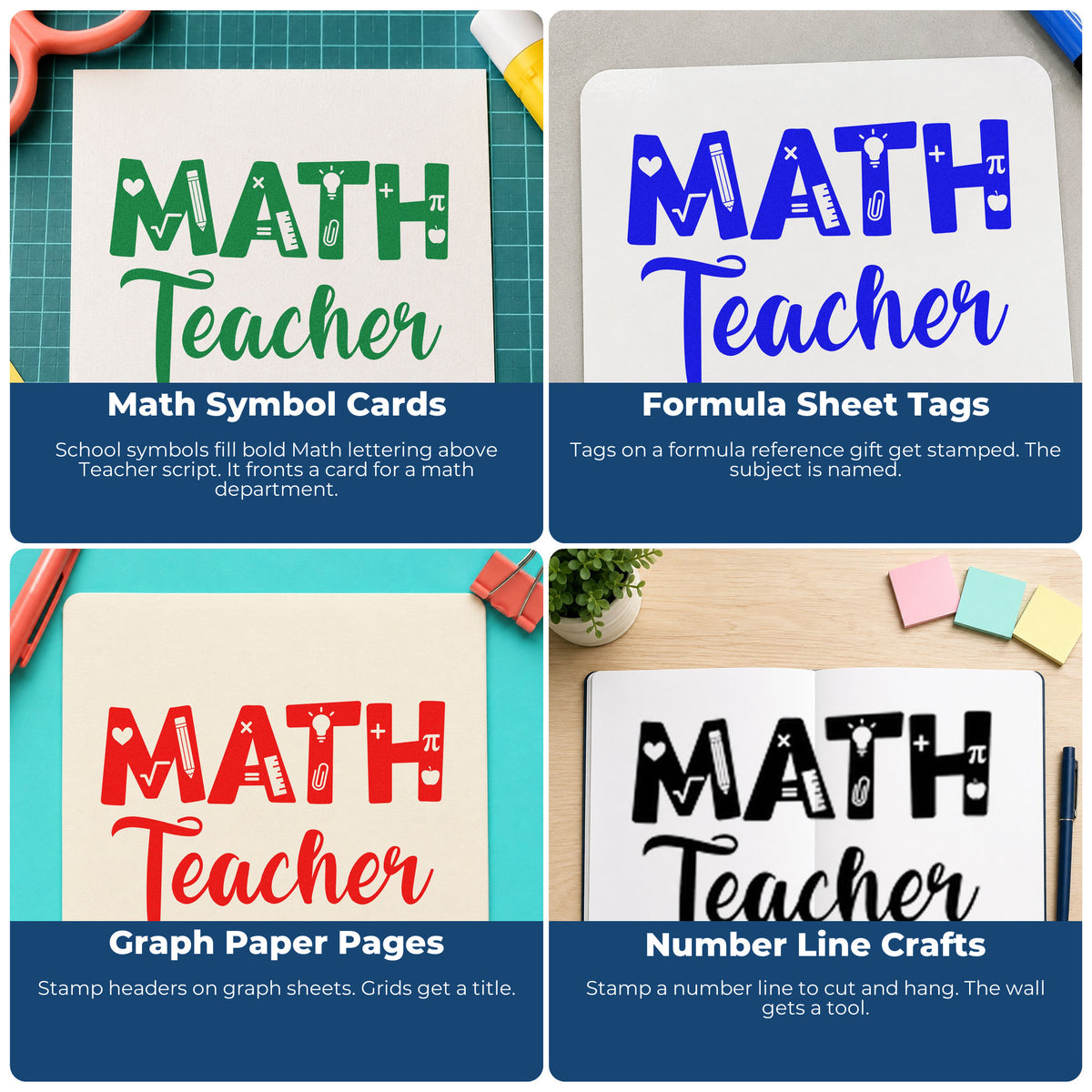 Four ways to use the Math Teacher Script Lettering Self-Inking Stamp: math symbol cards, formula sheet tags, graph paper pages and number line crafts.