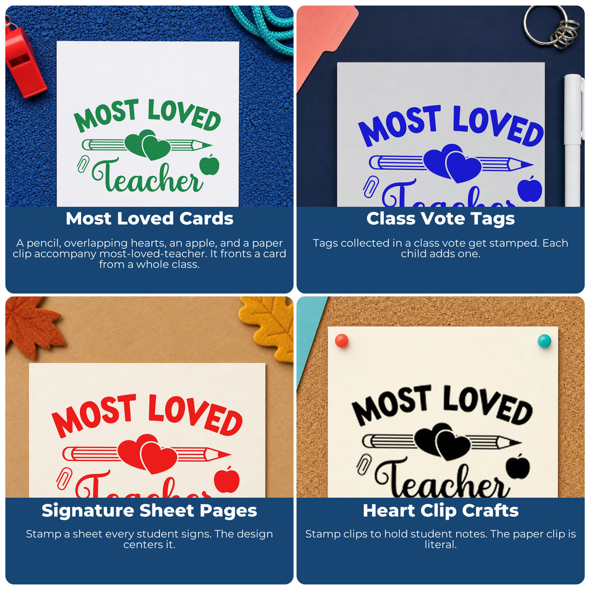 Four ways to use the Most Loved Teacher Rubber Stamp – Wood Handle: most loved cards, class vote tags, signature sheet pages and heart clip crafts.