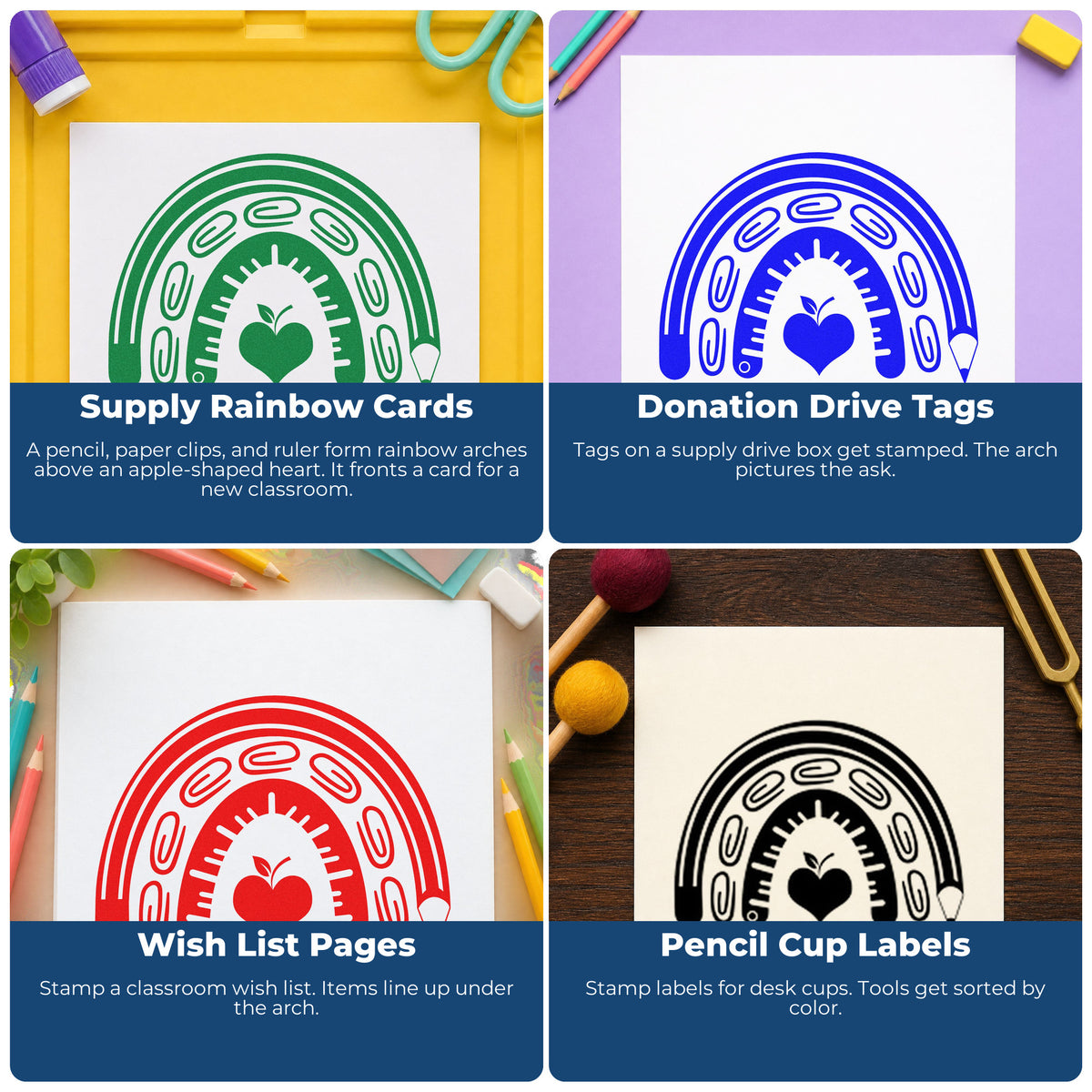 Four ways to use the School Supply Rainbow Apple Stamp – Duo Hand: supply rainbow cards, donation drive tags, wish list pages and pencil cup labels.