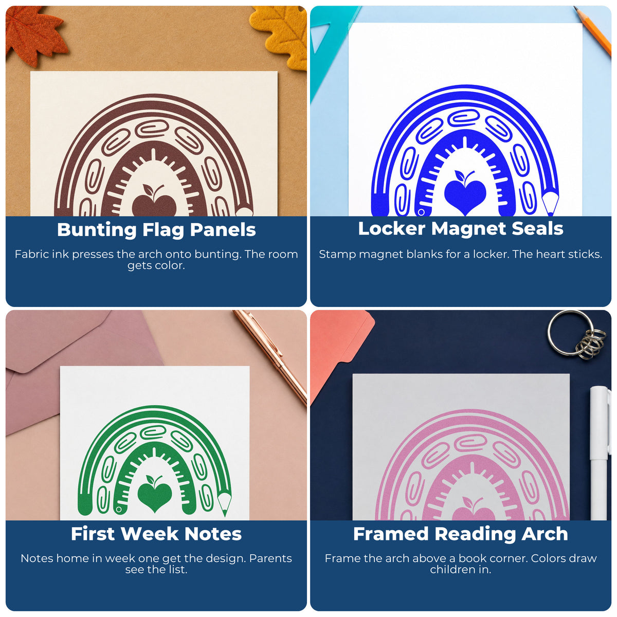 Four ways to use the Self-Inking School Supply Rainbow Apple Stamp: bunting flag panels, locker magnet seals, first week notes and framed reading arch.