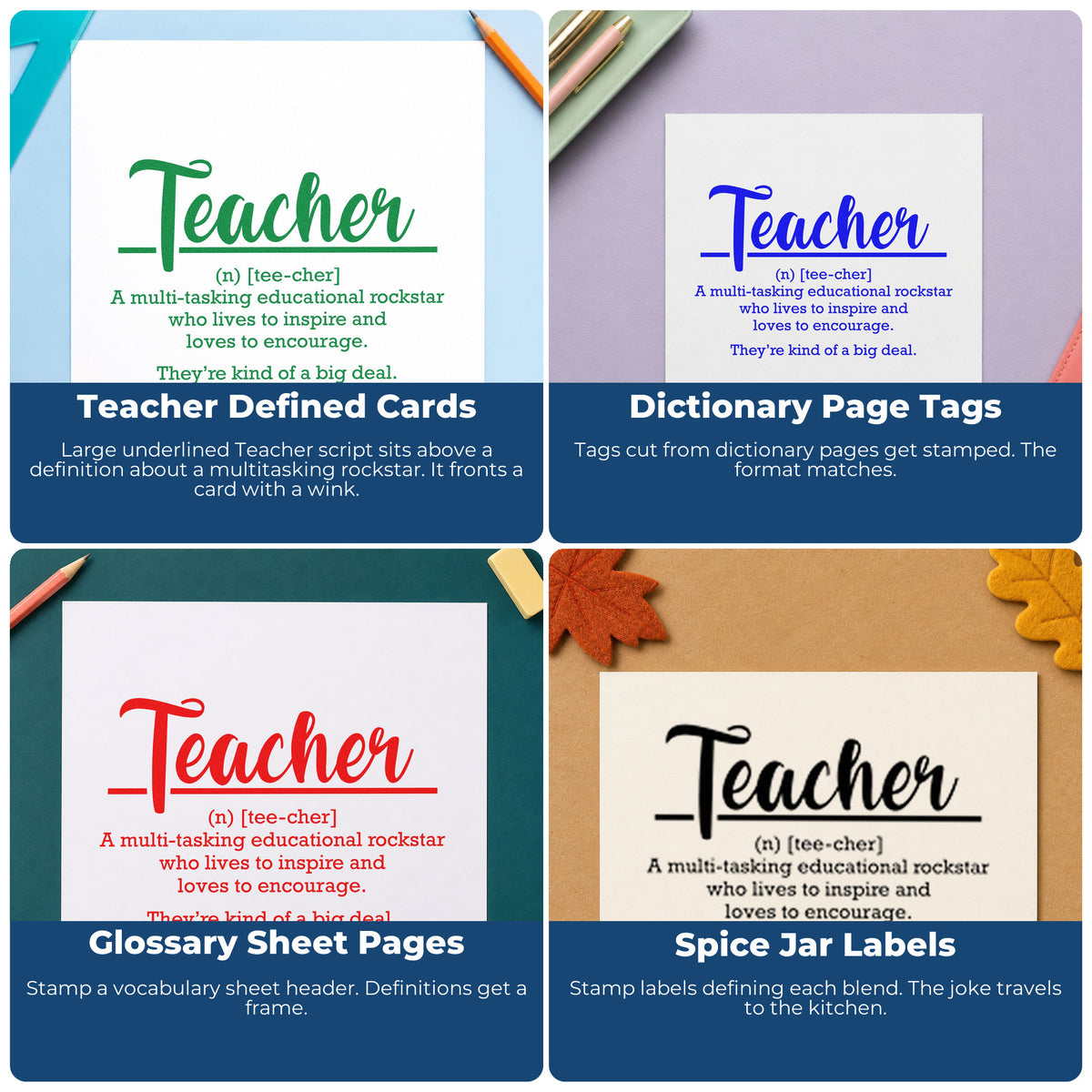 Four ways to use the Teacher Definition Stamp – Self-Inking: teacher defined cards, dictionary page tags, glossary sheet pages and spice jar labels.