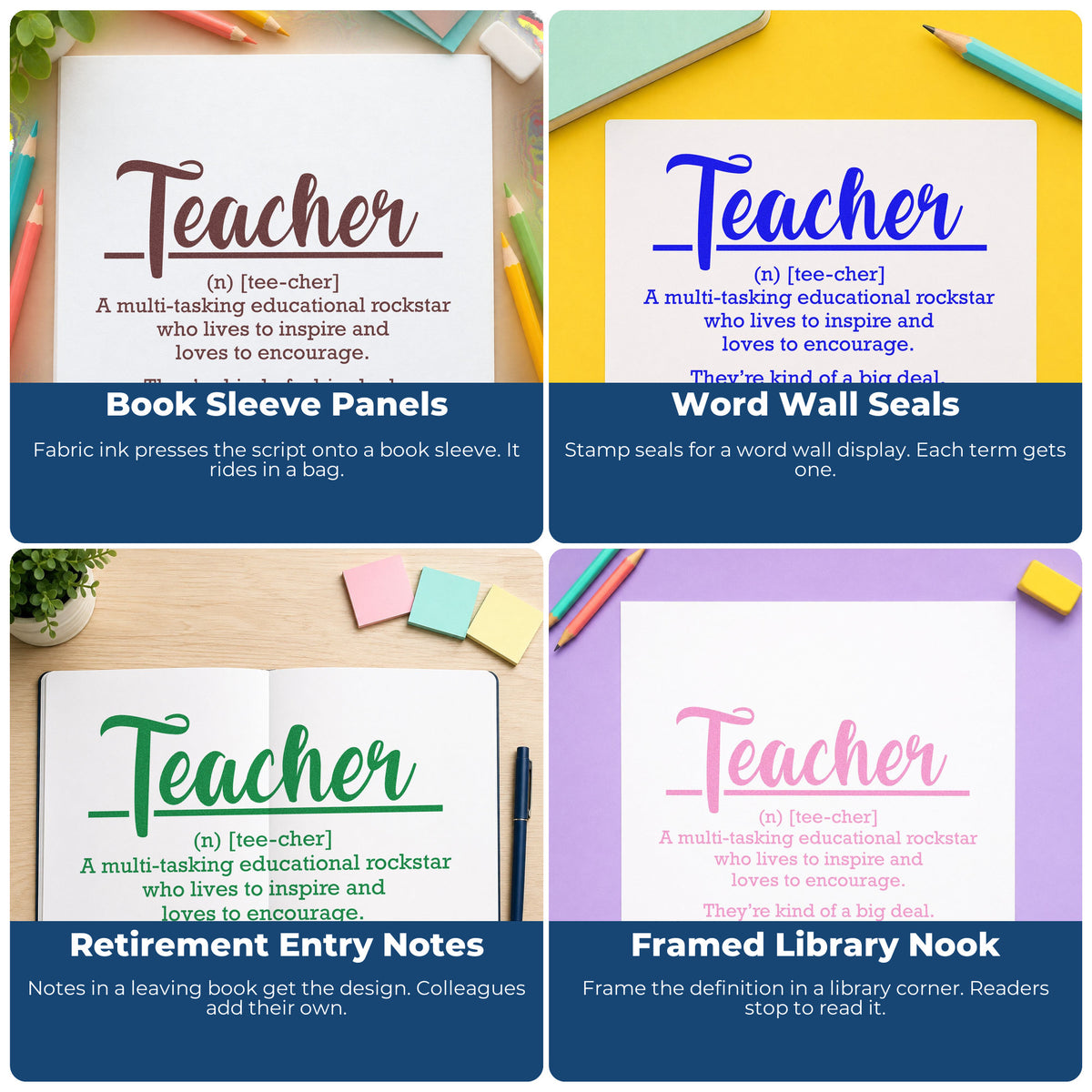 Four ways to use the Teacher Definition Stamp – Self-Inking: book sleeve panels, word wall seals, retirement entry notes and framed library nook.