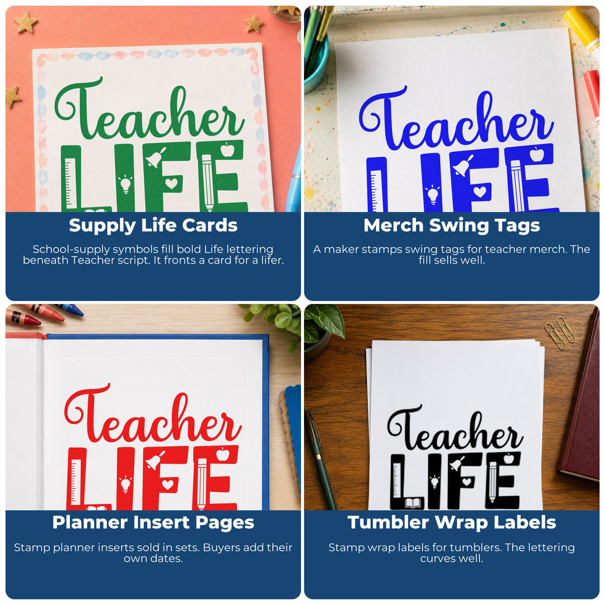Four ways to use the Teacher Life Supplies Script Lettering Wood Handle Stamp: supply life cards, merch swing tags, planner insert pages and tumbler wrap labels.