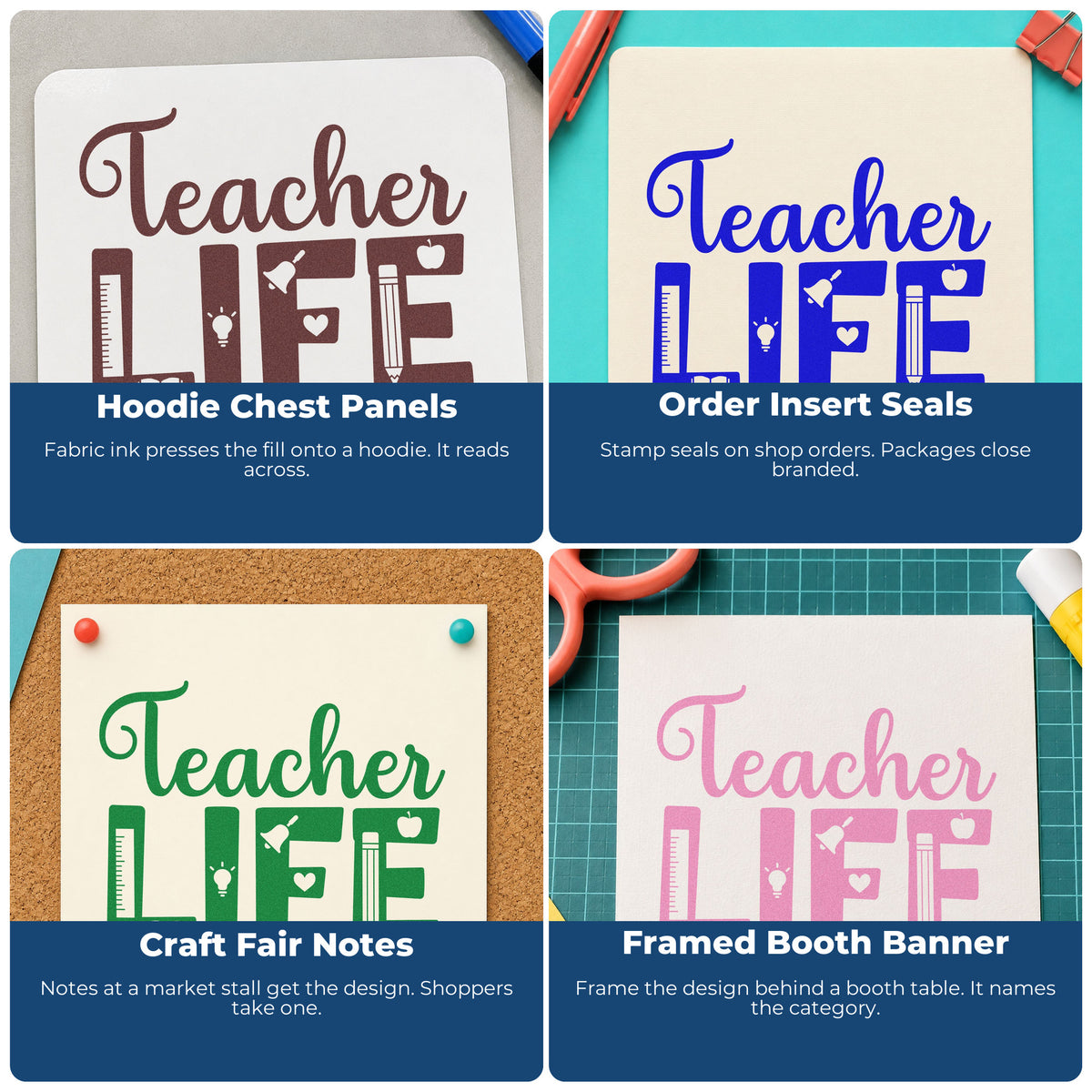 Four ways to use the Teacher Life Supplies Script Lettering Wood Handle Stamp: hoodie chest panels, order insert seals, craft fair notes and framed booth banner.