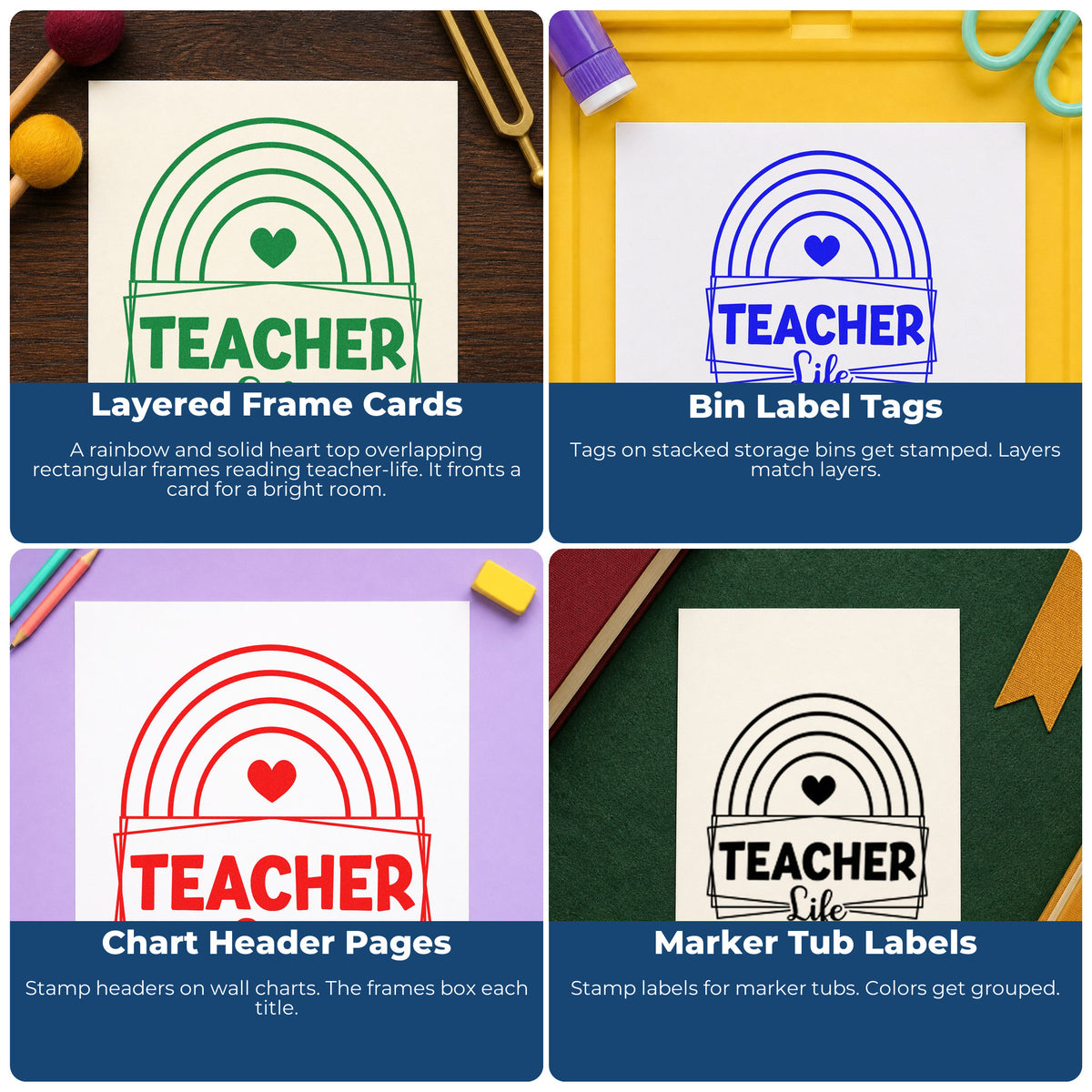 Four ways to use the Teacher Life Rainbow Frame Hand Stamp – Duo: layered frame cards, bin label tags, chart header pages and marker tub labels.