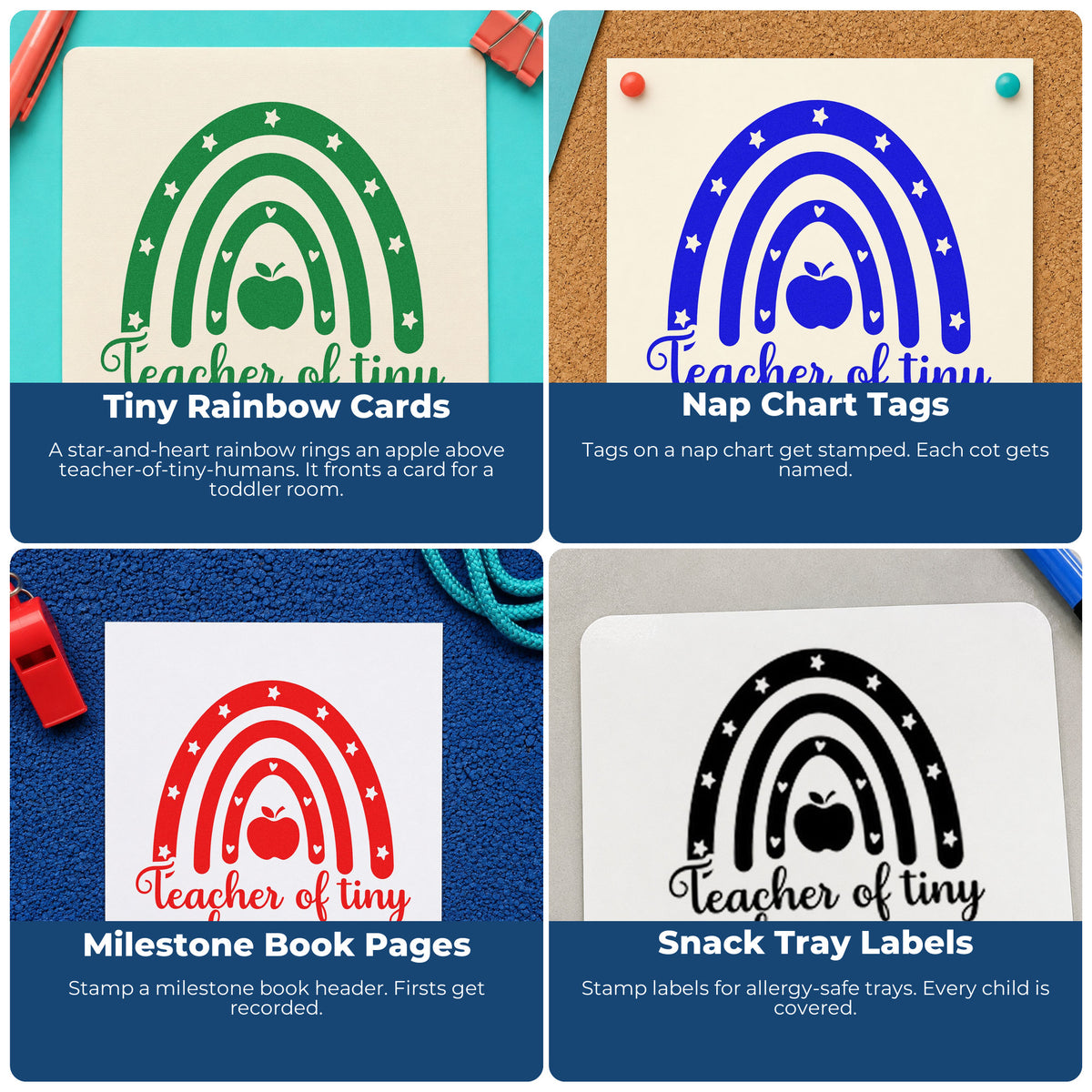 Four ways to use the Teacher Of Tiny Humans Rainbow Rubber Stamp – Wood Handle: tiny rainbow cards, nap chart tags, milestone book pages and snack tray labels.