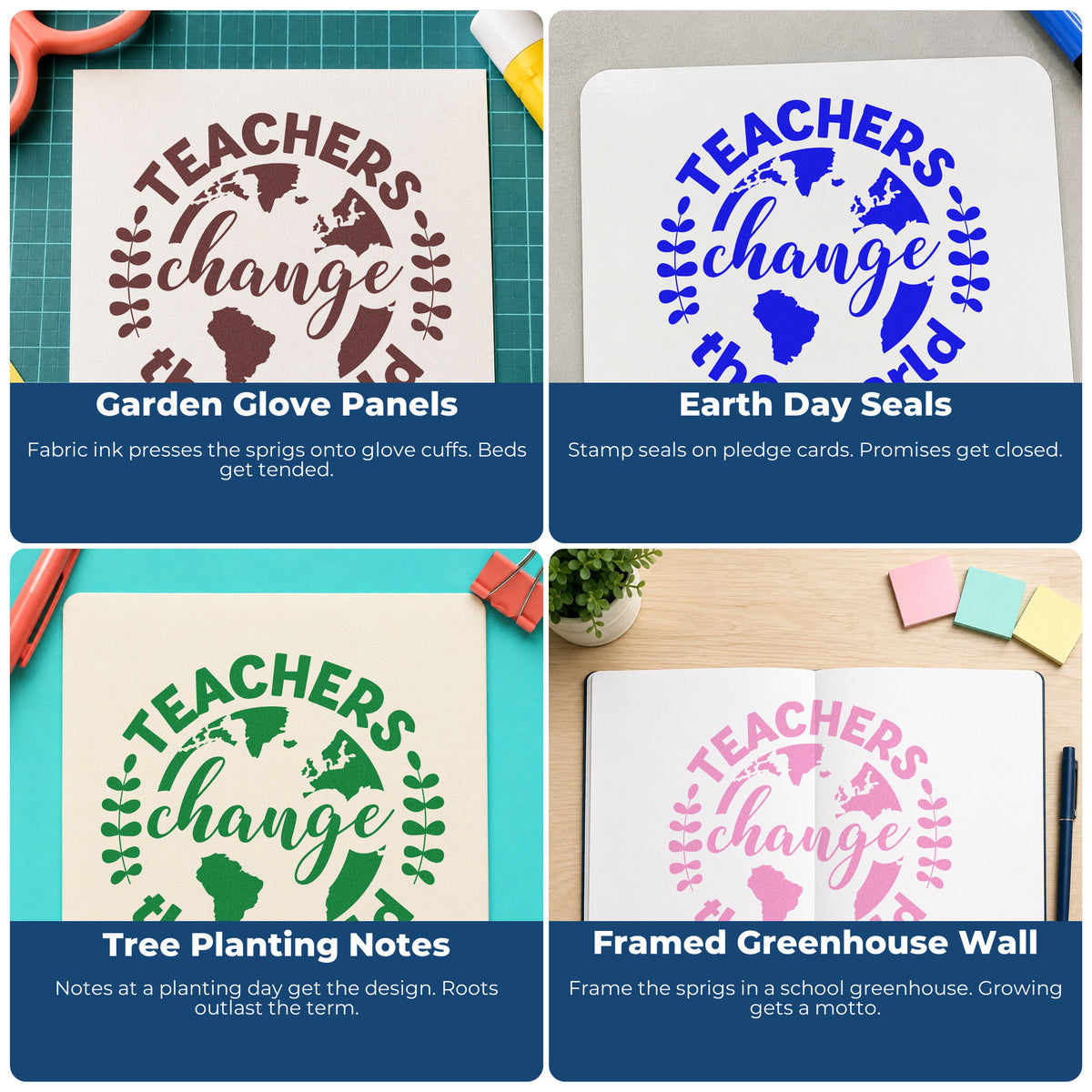 Four ways to use the Teachers Change World Globe Self-Inking Stamp: garden glove panels, earth day seals, tree planting notes and framed greenhouse wall.