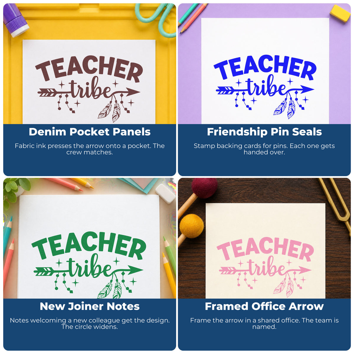 Four ways to use the Teacher Tribe Arrow PSI Pre-Inked Stamp: denim pocket panels, friendship pin seals, new joiner notes and framed office arrow.