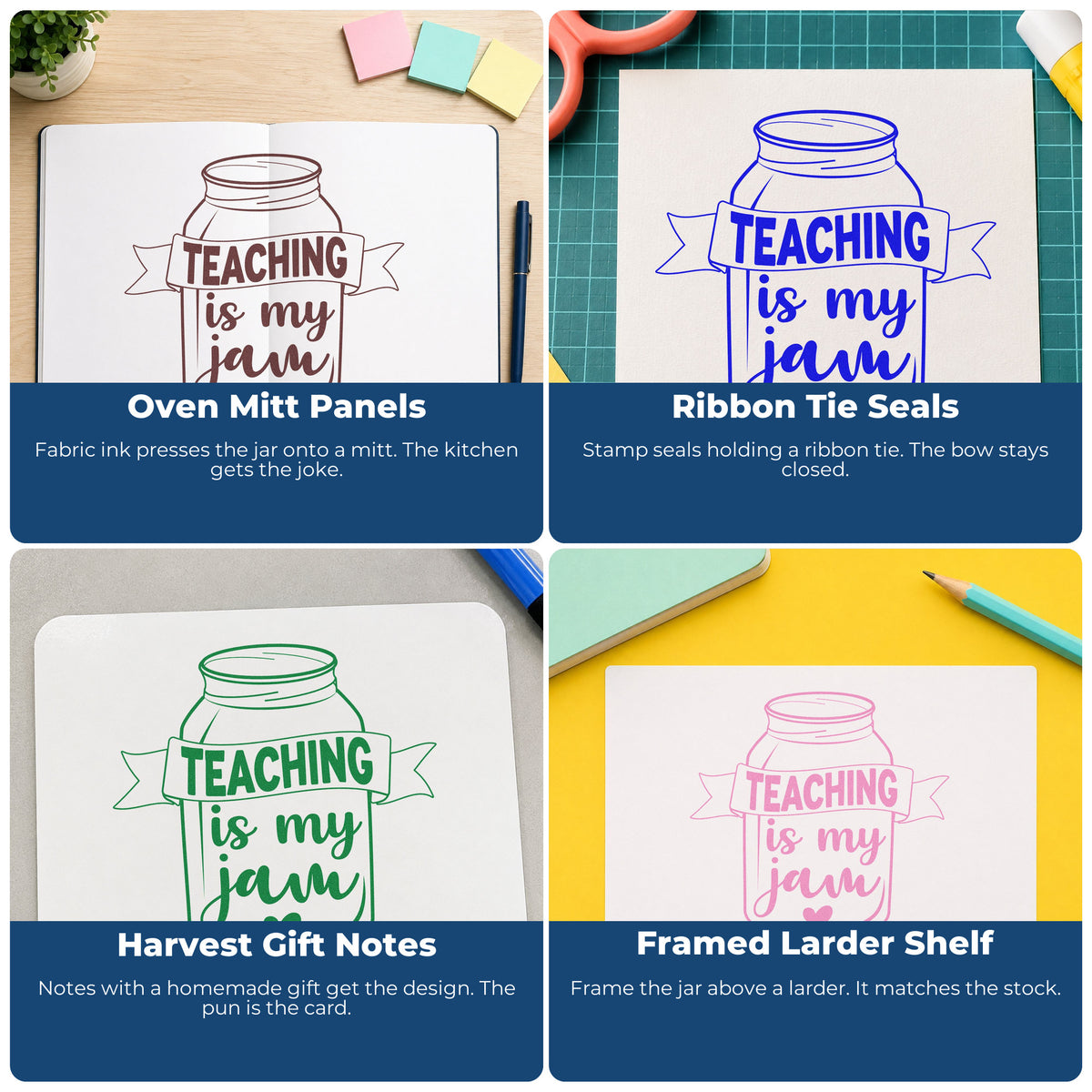 Four ways to use the Teaching Is My Jam Jar With Hearts Rubber Stamp – Duo Hand: oven mitt panels, ribbon tie seals, harvest gift notes and framed larder shelf.