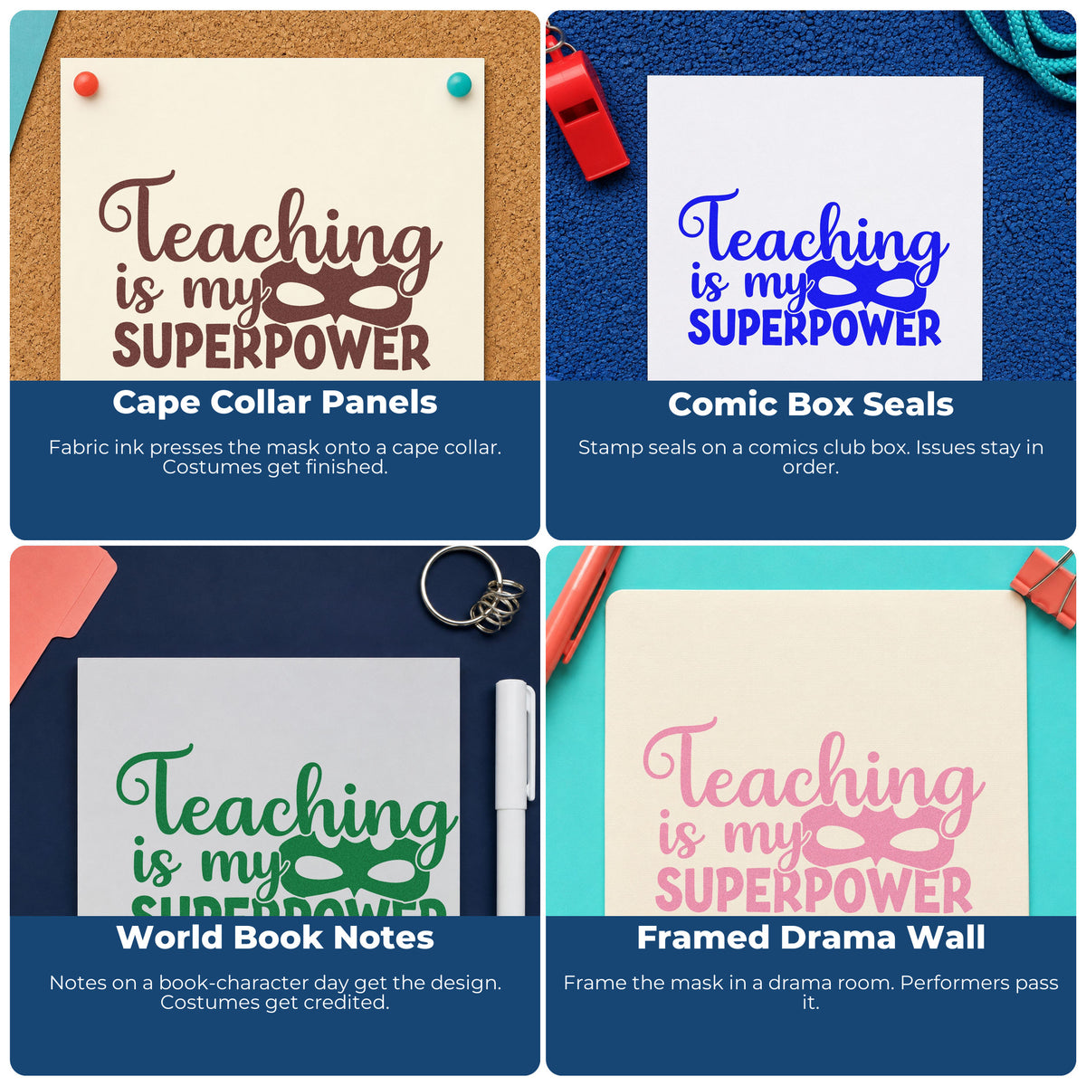 Four ways to use the Teaching Is My Superpower Mask Pre-Inked Stamp – Slim: cape collar panels, comic box seals, world book notes and framed drama wall.