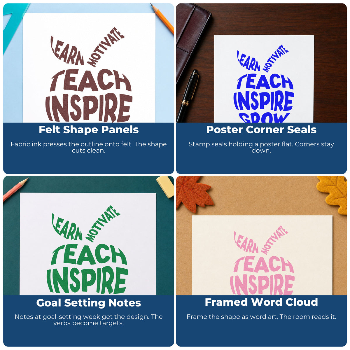 Four ways to use the Teach Inspire Grow Apple Lettering Stamp – Wood Handle: felt shape panels, poster corner seals, goal setting notes and framed word cloud.
