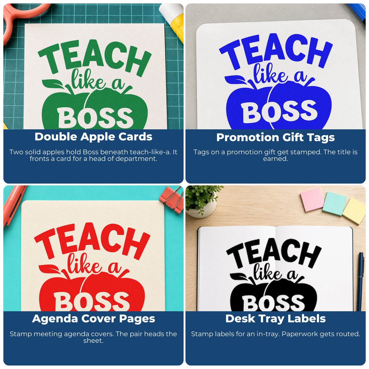 Four ways to use the Teach Like A Boss Apples Wood Handle Stamp: double apple cards, promotion gift tags, agenda cover pages and desk tray labels.