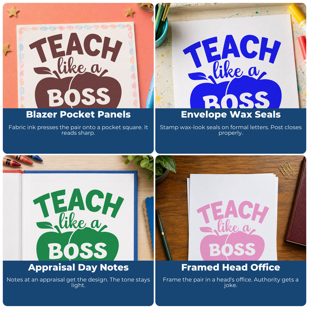 Four ways to use the Teach Like A Boss Apples Stamp – Self-Inking: blazer pocket panels, envelope wax seals, appraisal day notes and framed head office.