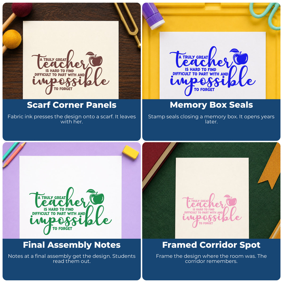 Four ways to use the Slim Pre-Inked Great Teacher Impossible To Forget Apple Stamp: scarf corner panels, memory box seals, final assembly notes and framed corridor spot.