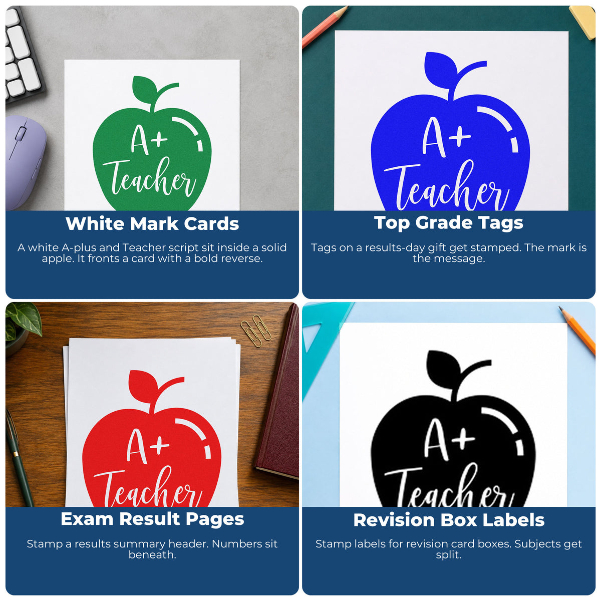 Four ways to use the A Plus Teacher Solid Apple Self-Inking Stamp: white mark cards, top grade tags, exam result pages and revision box labels.