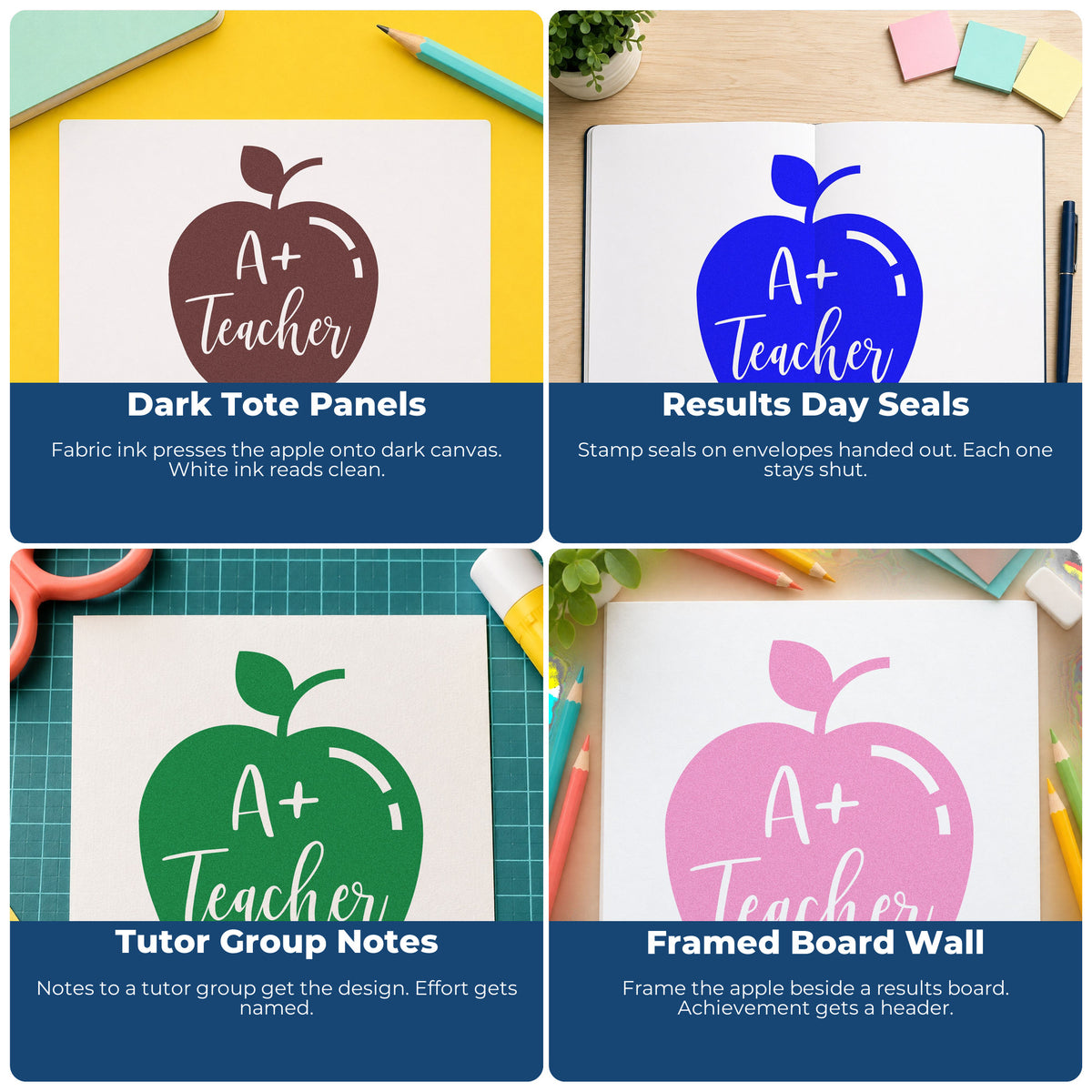 Four ways to use the A Plus Teacher Solid Apple PSI Pre-Inked Stamp: dark tote panels, results day seals, tutor group notes and framed board wall.