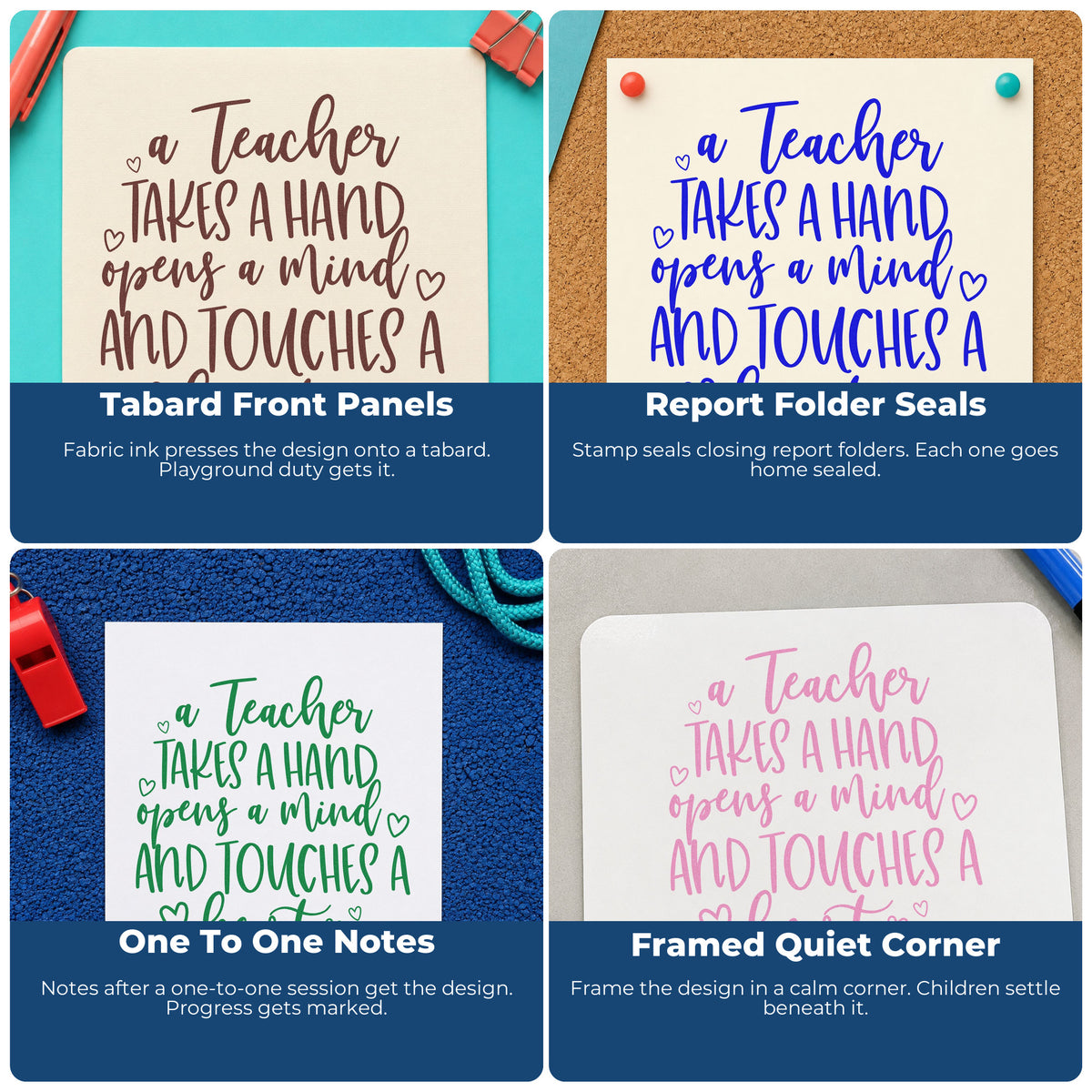 Four ways to use the Teacher Takes A Hand Rubber Stamp – Wood Handle: tabard front panels, report folder seals, one to one notes and framed quiet corner.