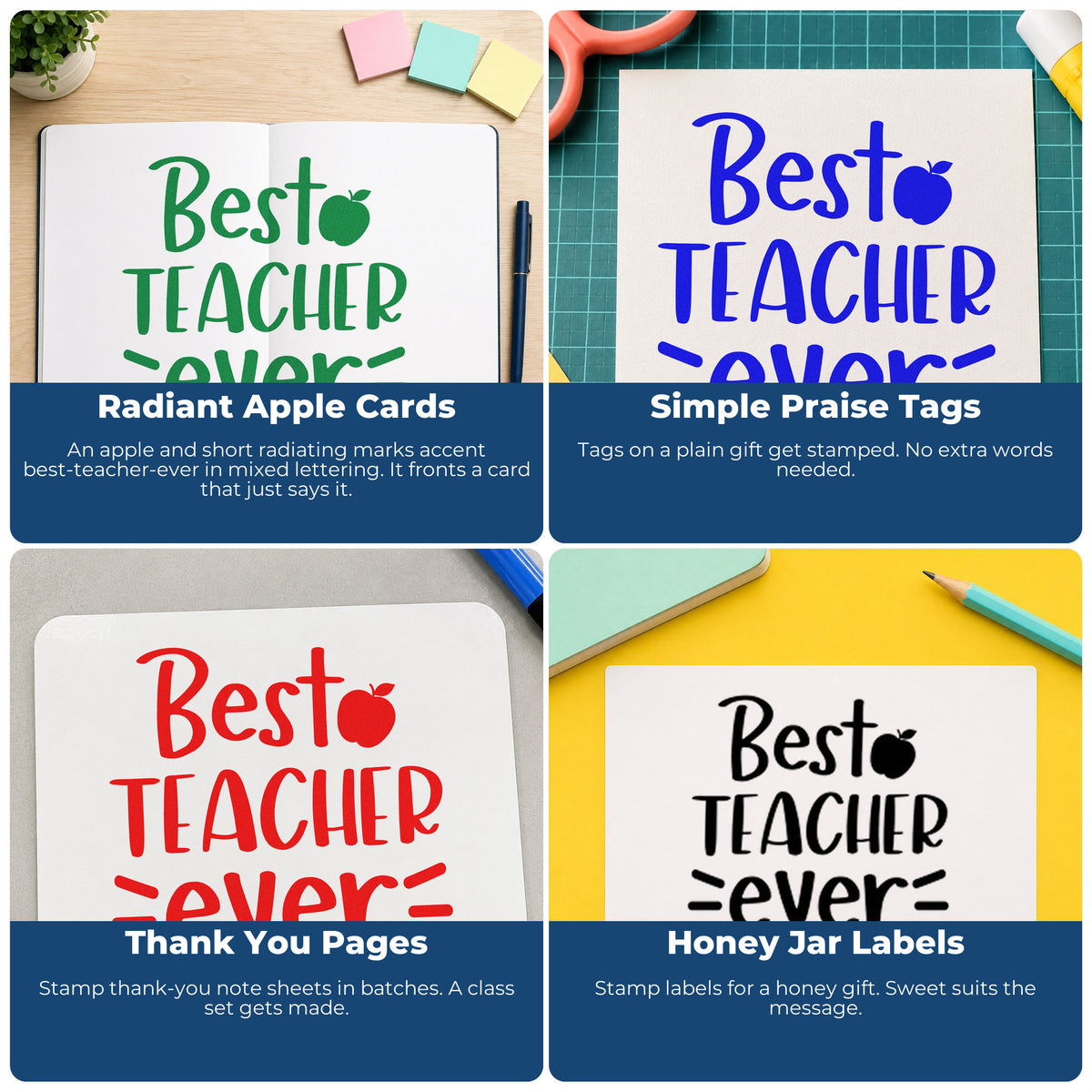 Four ways to use the Best Teacher Ever Apple Pre-Inked Stamp – Slim: radiant apple cards, simple praise tags, thank you pages and honey jar labels.