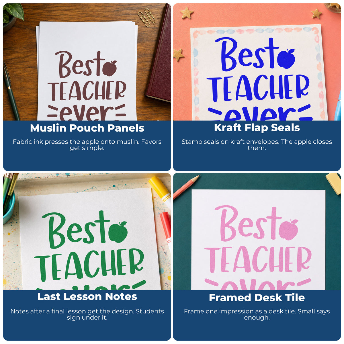 Four ways to use the Best Teacher Ever Apple Stamp – PSI Pre-Inked: muslin pouch panels, kraft flap seals, last lesson notes and framed desk tile.