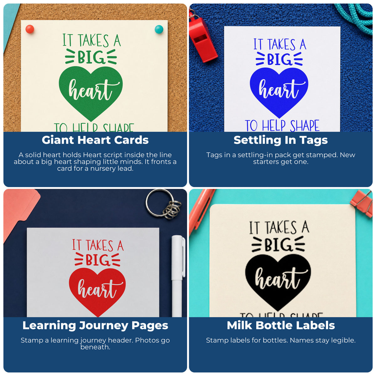 Four ways to use the Big Heart Helps Little Minds Stamp – Self-Inking: giant heart cards, settling in tags, learning journey pages and milk bottle labels.