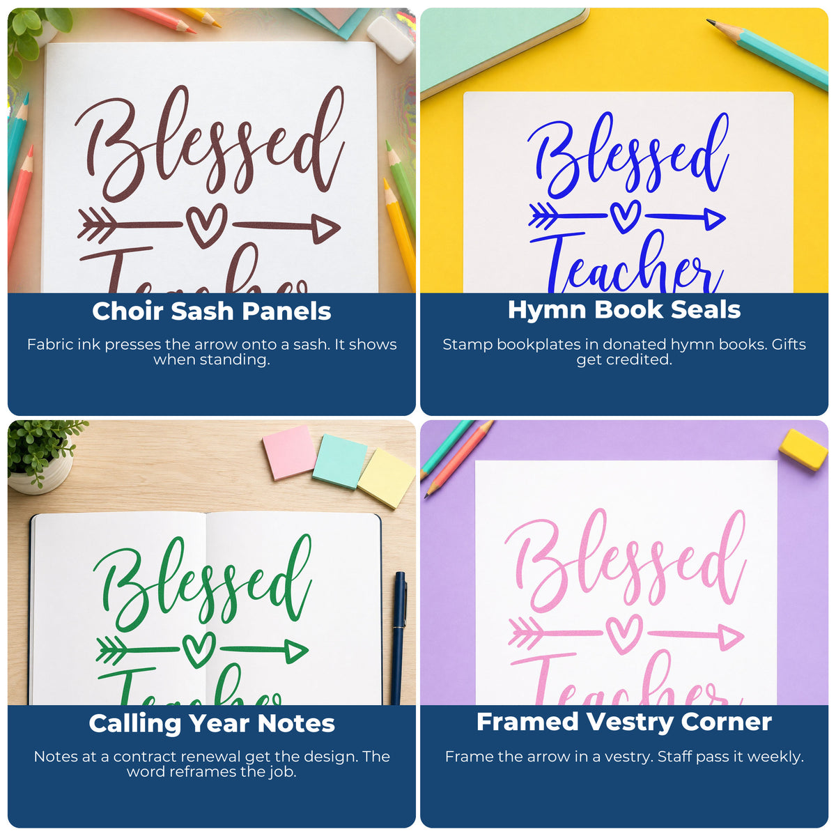 Four ways to use the Blessed Teacher Heart Arrow Script Lettering Rubber Stamp – Duo Hand: choir sash panels, hymn book seals, calling year notes and framed vestry corner.