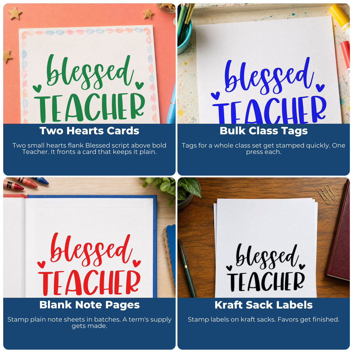 Four ways to use the Blessed Teacher Hearts Hand Stamp – Duo: two hearts cards, bulk class tags, blank note pages and kraft sack labels.