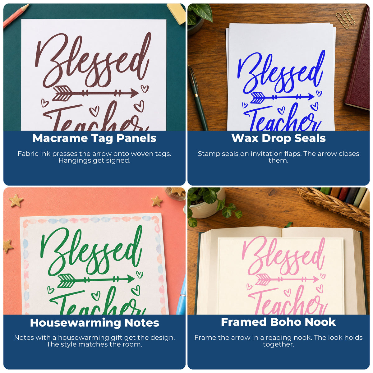 Four ways to use the Blessed Teacher Feather Arrow Rubber Stamp – Wood Handle: macrame tag panels, wax drop seals, housewarming notes and framed boho nook.