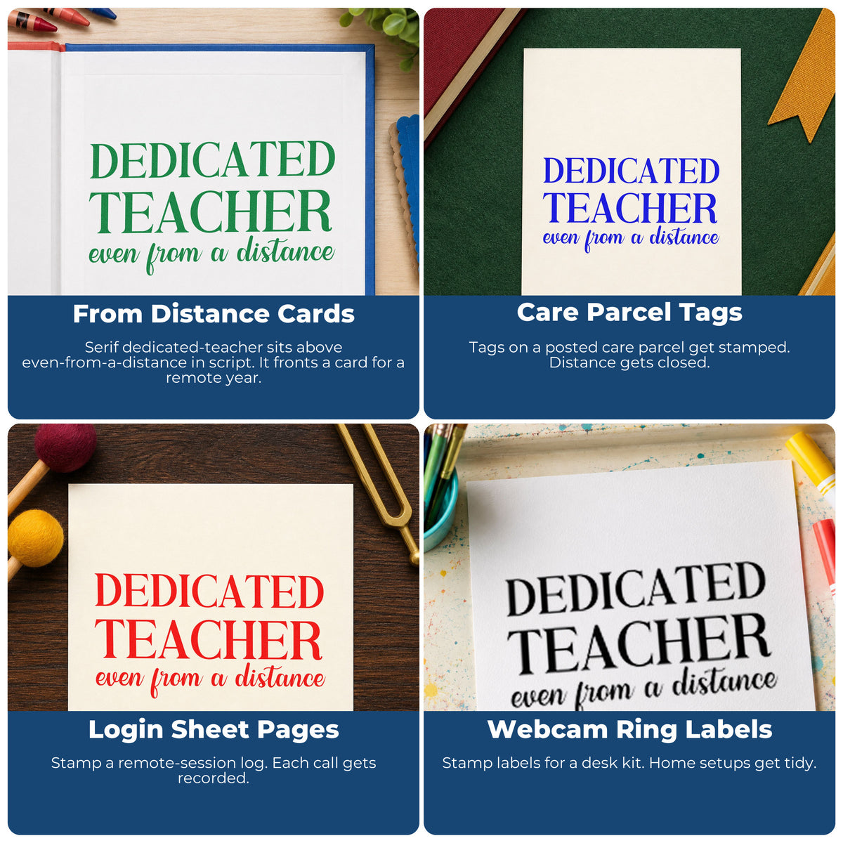 Four ways to use the Dedicated Teacher From A Distance Serif Lettering Premium Wooden Stamp - Vintage Pro: from distance cards, care parcel tags, login sheet pages and webcam ring labels.