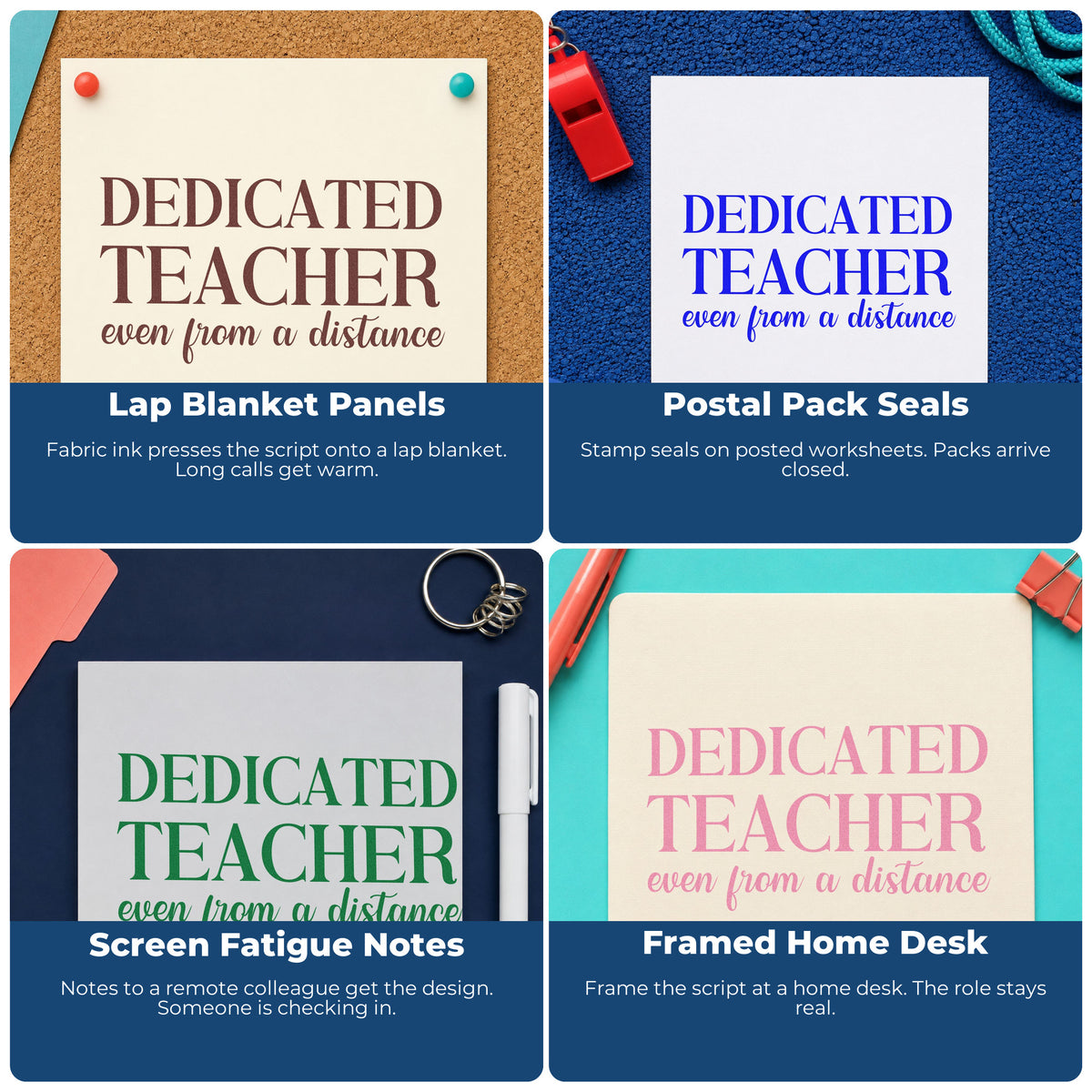 Four ways to use the Dedicated Teacher From A Distance Serif Lettering Stamp – Wood Handle: lap blanket panels, postal pack seals, screen fatigue notes and framed home desk.