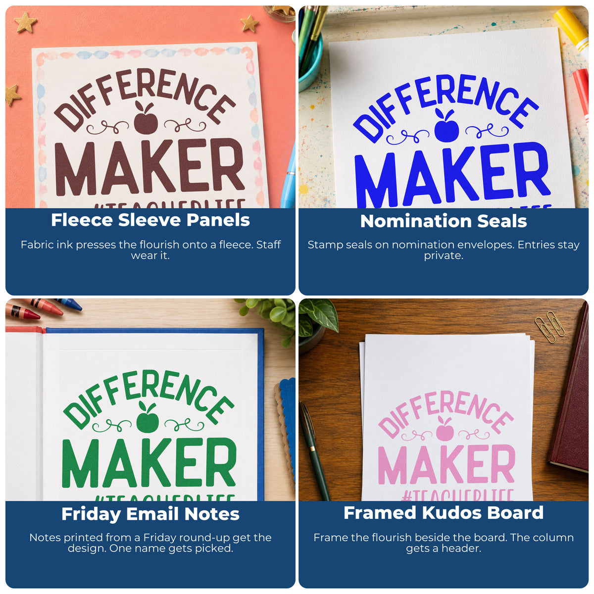 Four ways to use the Difference Maker Teacher Life Apple Pre-Inked Stamp – PSI: fleece sleeve panels, nomination seals, friday email notes and framed kudos board.