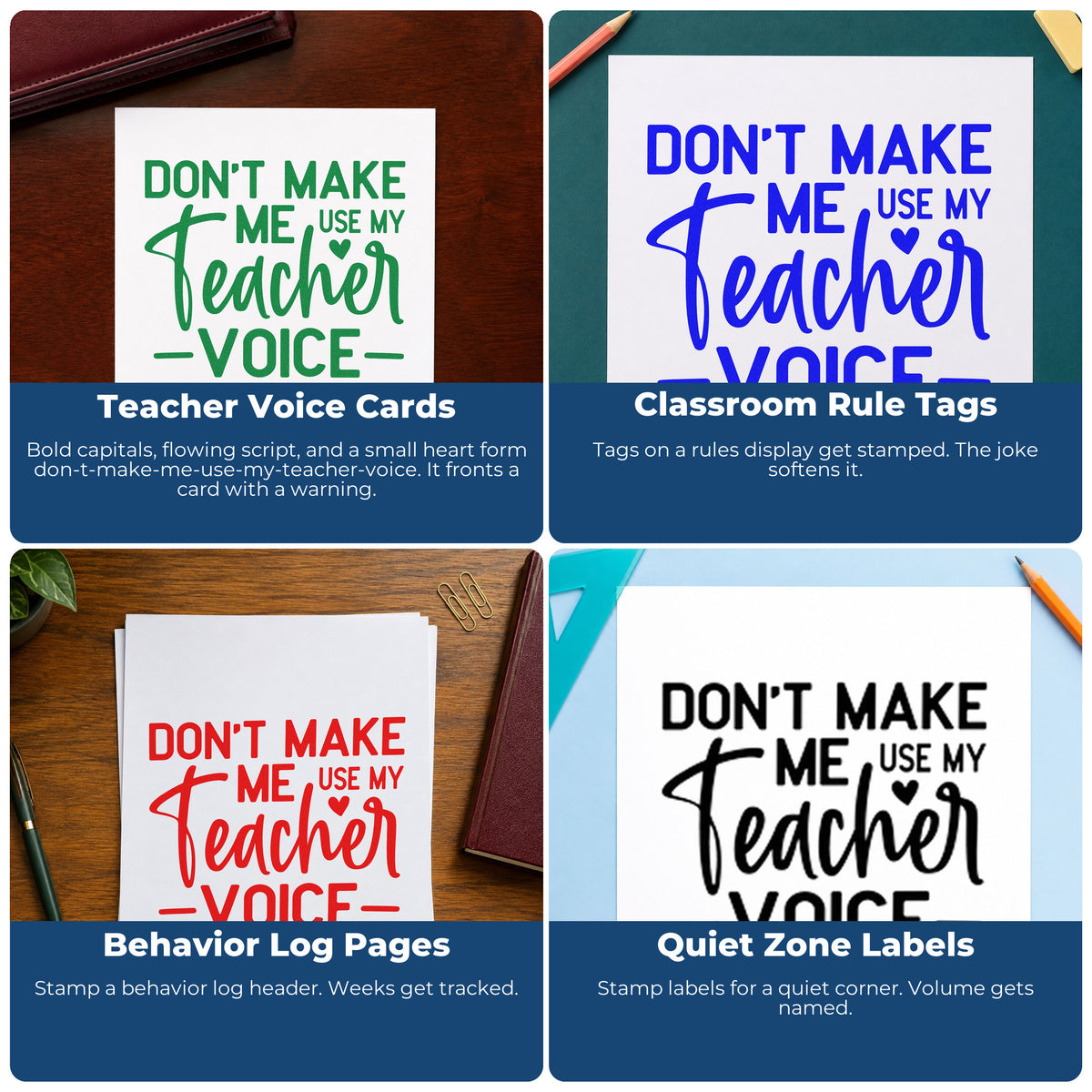 Four ways to use the Self-Inking Teacher Voice Warning With Heart Stamp: teacher voice cards, classroom rule tags, behavior log pages and quiet zone labels.