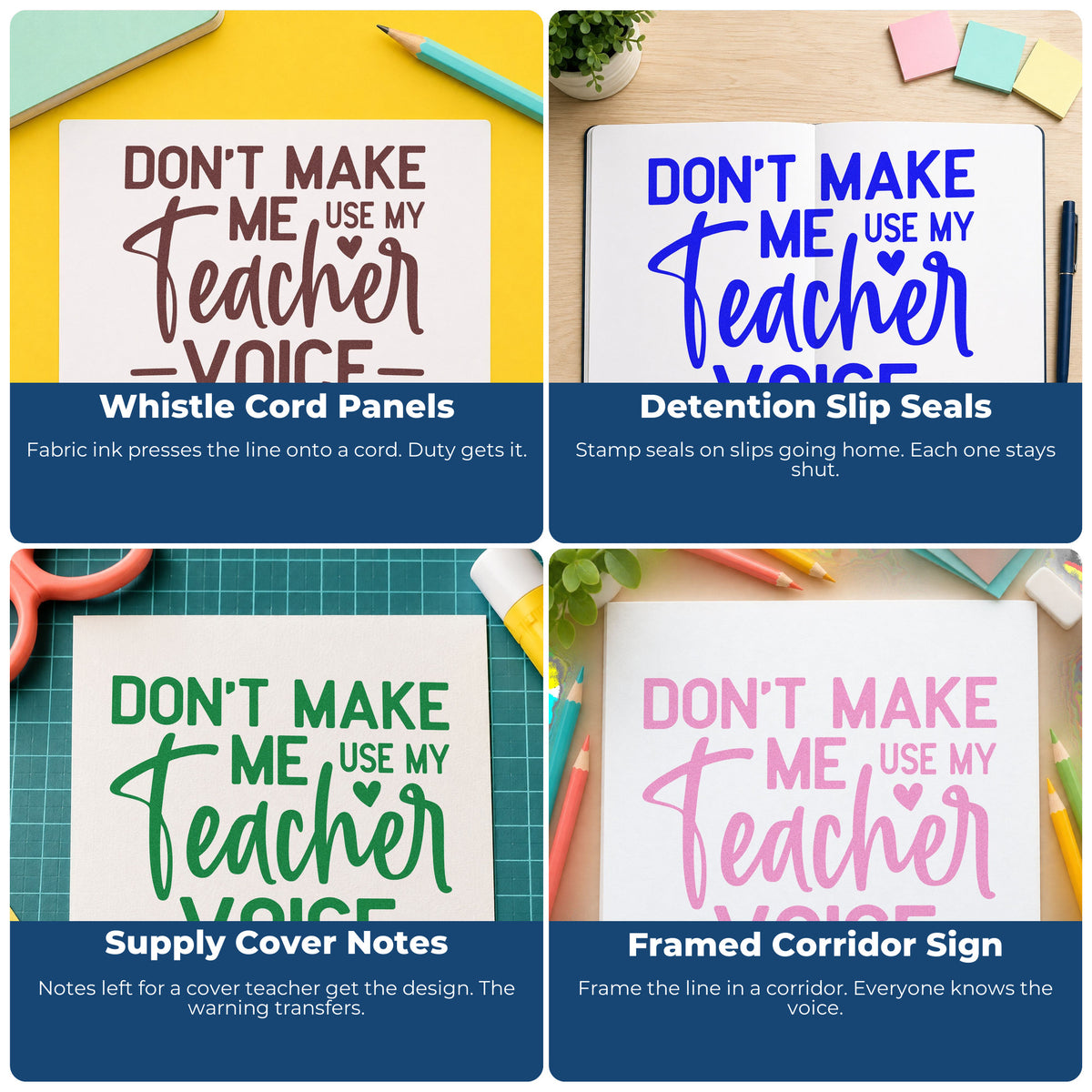 Four ways to use the Teacher Voice Warning With Heart Slim Pre-Inked Stamp: whistle cord panels, detention slip seals, supply cover notes and framed corridor sign.