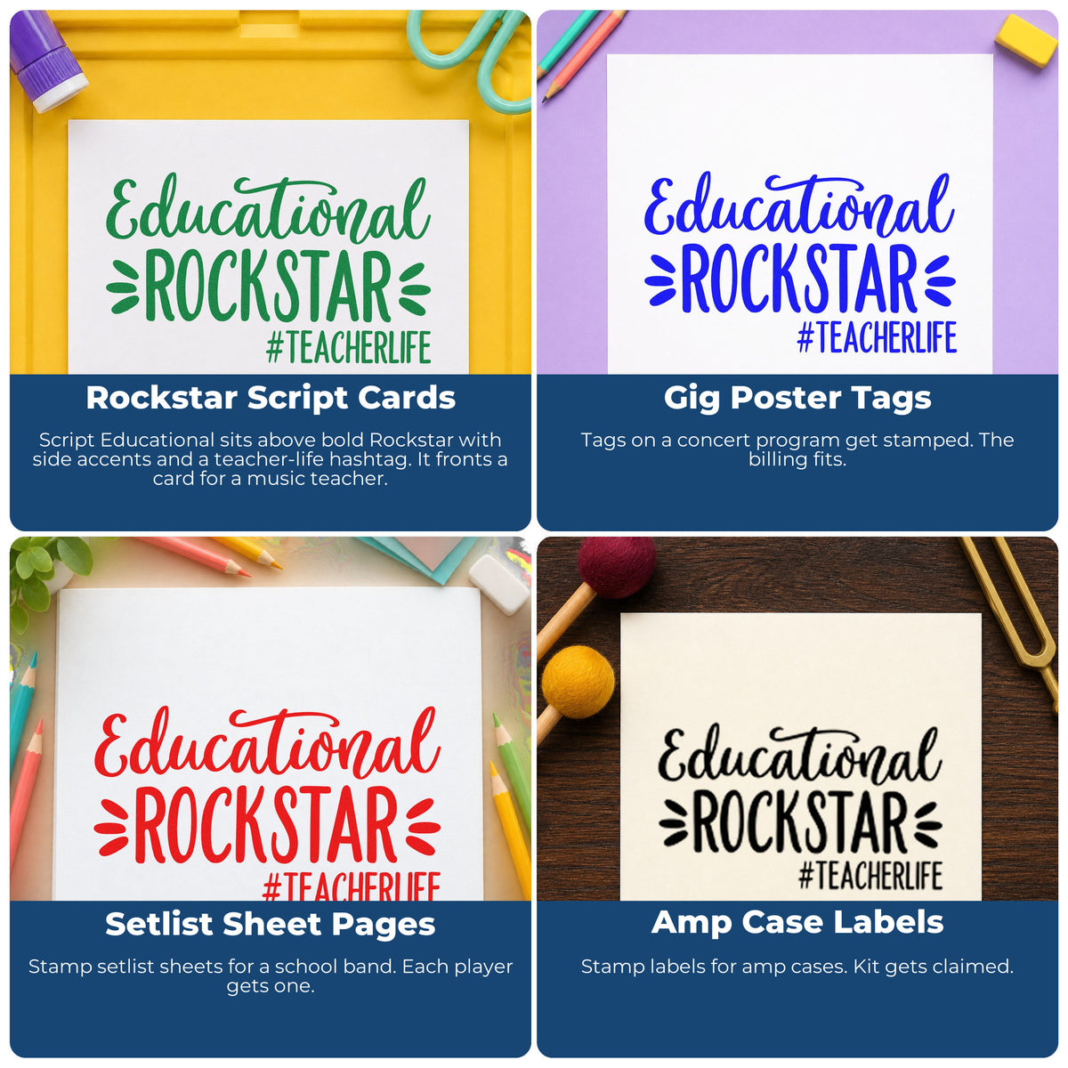 Four ways to use the Educational Rockstar Teacher Life Script Lettering Stamp – PSI Pre-Inked: rockstar script cards, gig poster tags, setlist sheet pages and amp case labels.