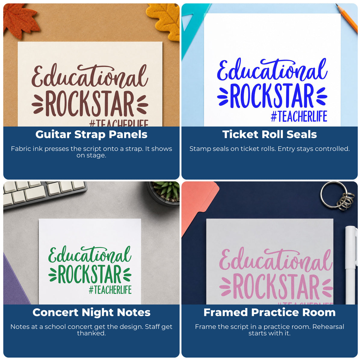 Four ways to use the Educational Rockstar Teacher Life Script Lettering Slim Pre-Inked Stamp: guitar strap panels, ticket roll seals, concert night notes and framed practice room.