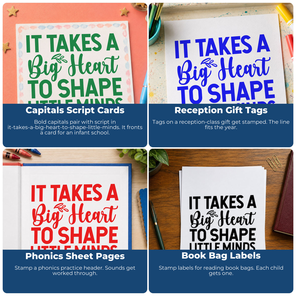Four ways to use the Big Heart Little Minds Self-Inking Stamp: capitals script cards, reception gift tags, phonics sheet pages and book bag labels.