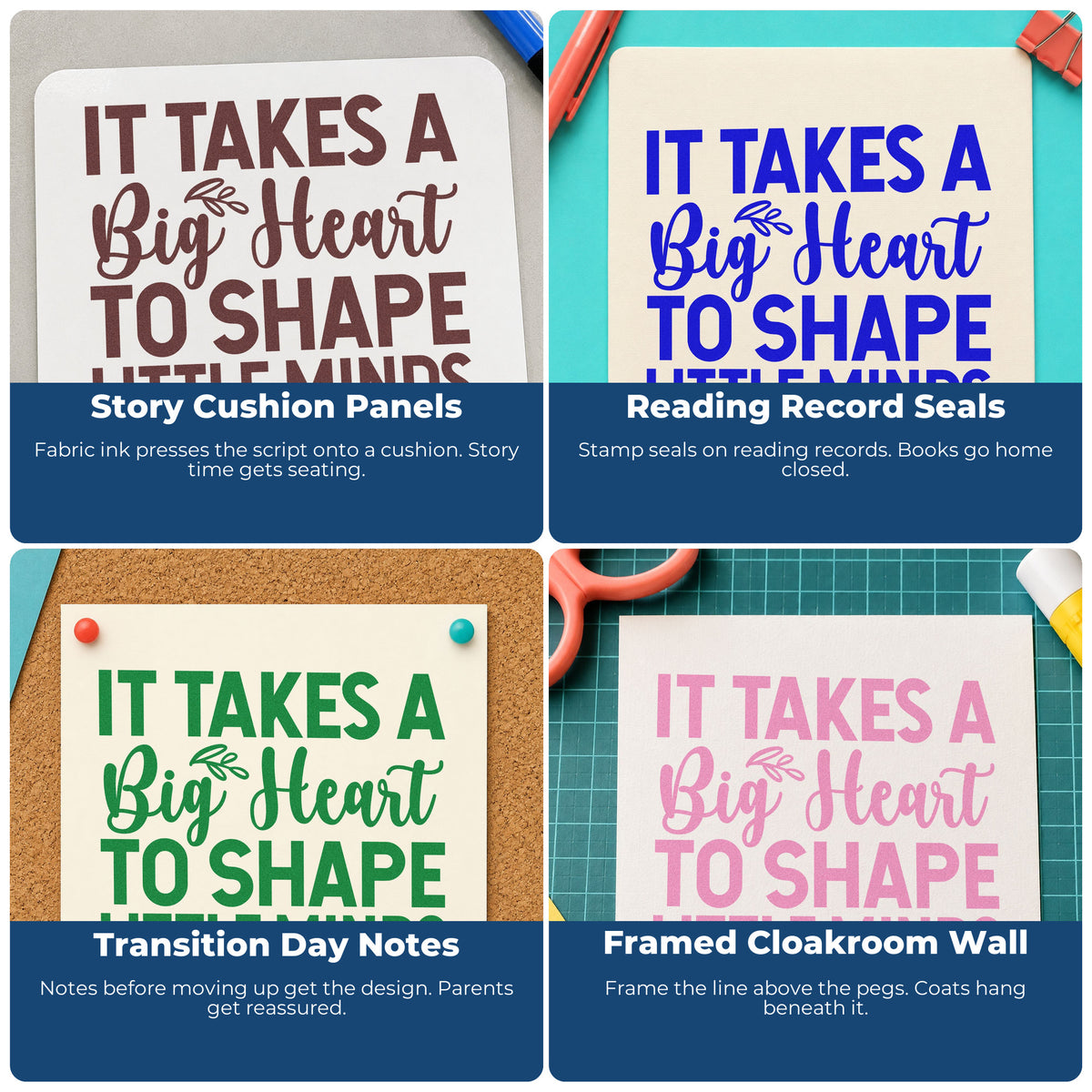 Four ways to use the Big Heart Little Minds Compact Pre-Inked Stamp – Slim: story cushion panels, reading record seals, transition day notes and framed cloakroom wall.