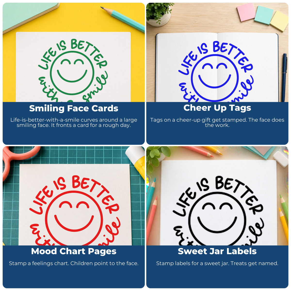 Four ways to use the Life Better With Smile Rubber Stamp – Duo Hand: smiling face cards, cheer up tags, mood chart pages and sweet jar labels.