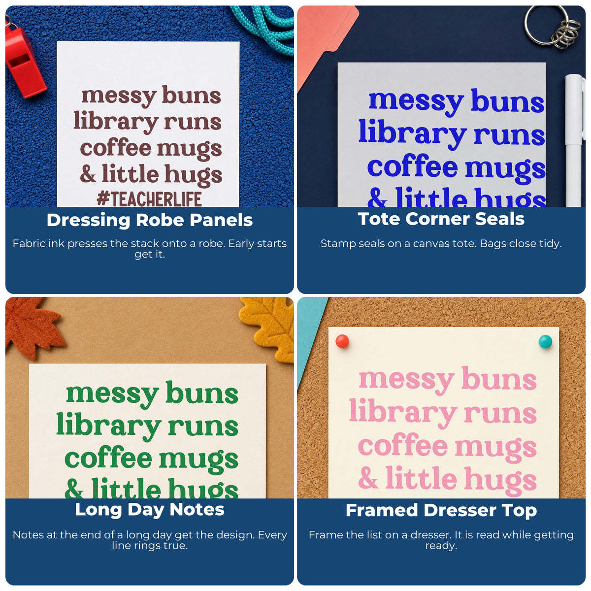 Four ways to use the Messy Buns Library Runs Lettering Self-Inking Stamp: dressing robe panels, tote corner seals, long day notes and framed dresser top.