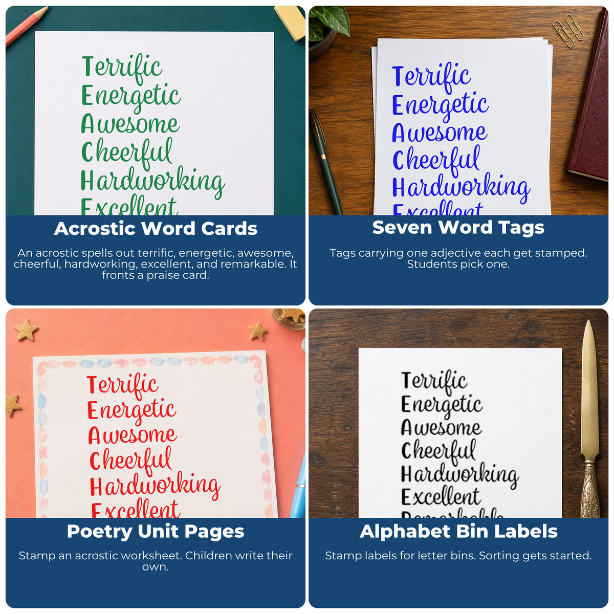 Four ways to use the Terrific Energetic Teacher Acrostic Self-Inking Stamp: acrostic word cards, seven word tags, poetry unit pages and alphabet bin labels.