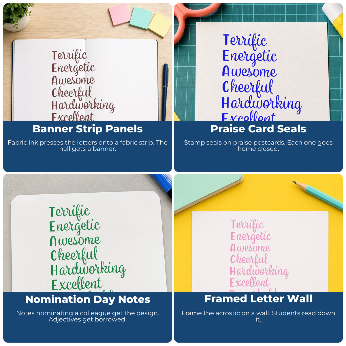 Four ways to use the Terrific Energetic Teacher Acrostic Self-Inking Stamp: banner strip panels, praise card seals, nomination day notes and framed letter wall.